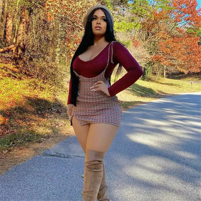 S-2XL Women Sexy Solid Color Top And Plaid Printing Strap Skirt Two Pieces Set