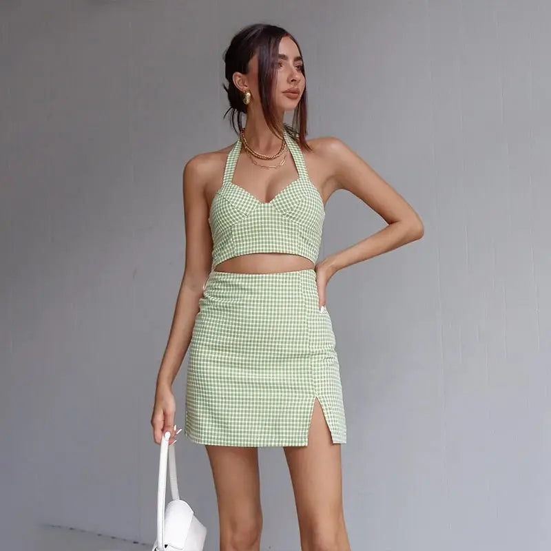 Women Sexy Plaid Printing Halter Neck Crop Top And Skirt Two Pieces Set