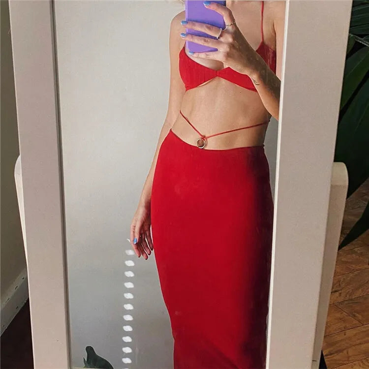 S-L Women Sexy Solid Color Crop Top And Skirts Two Pieces Set