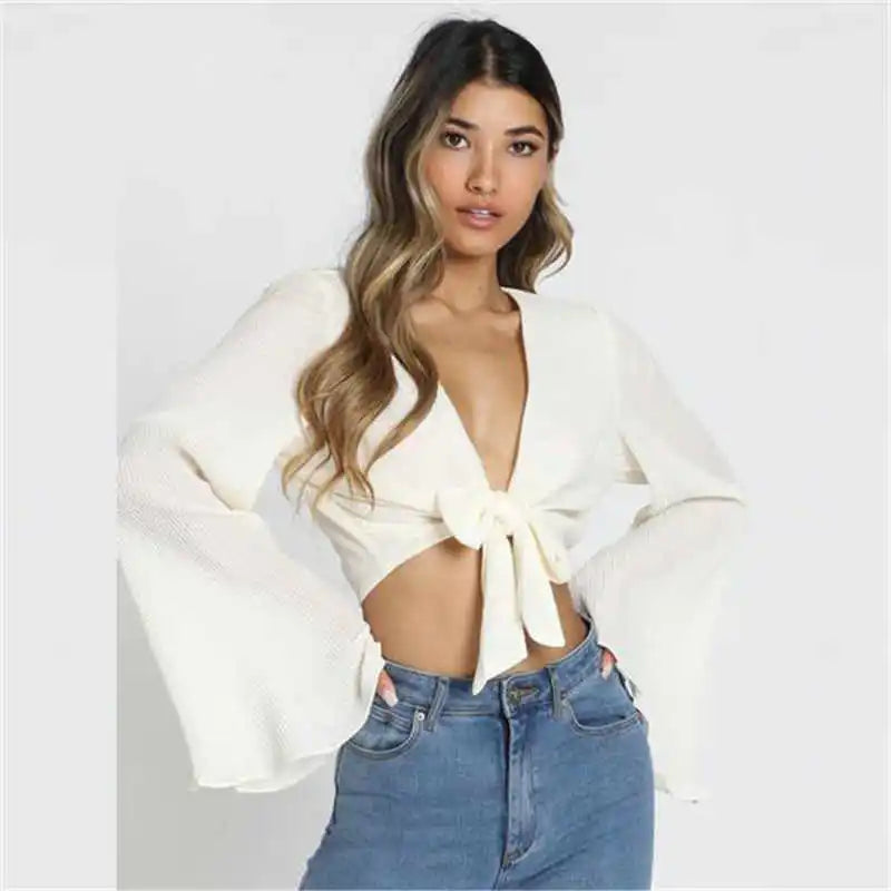 Women Sexy Deep V Solid Color Knot Flare Sleeve Crop Top