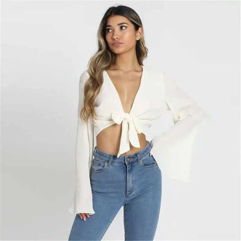 Women Sexy Deep V Solid Color Knot Flare Sleeve Crop Top