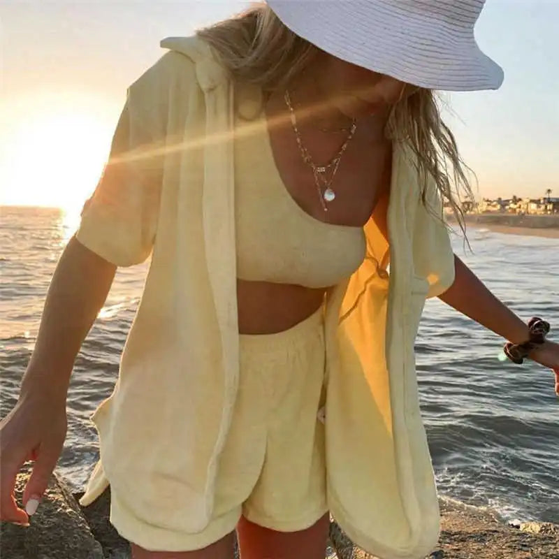 S-L Women Fashion Lapel Solid Color Coat And Shorts Two Pieces Set