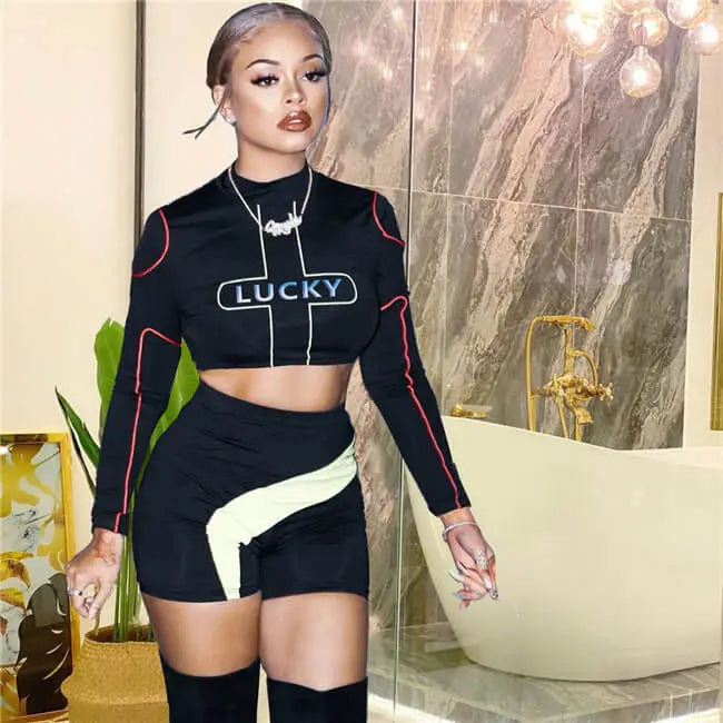 Women Fashion Letter Printed Crop Top And Shorts Two Pieces Set