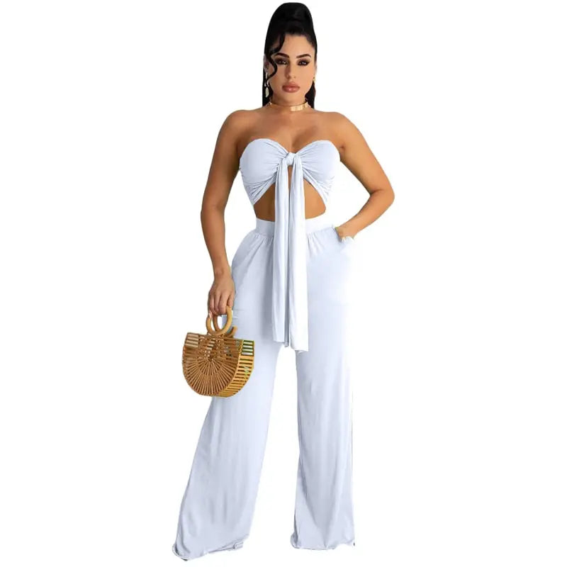 S-2XL Women Fashion Solid Color Knotted Tube Top And Pants Two Pieces Set