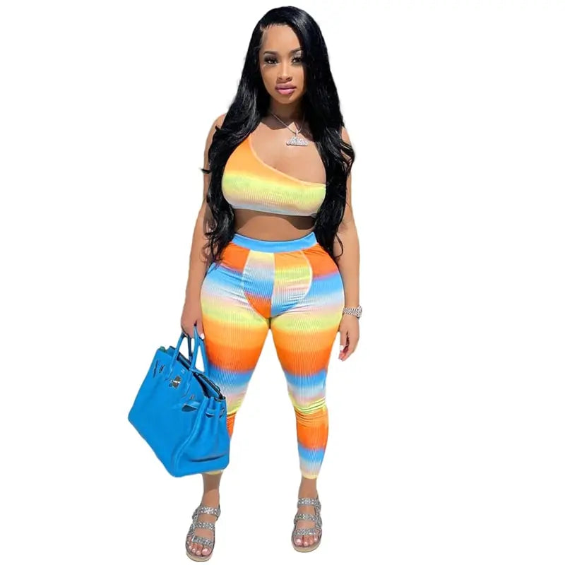 S-2XL Women Fashion Color Blocking One shoulder Crop Top And Pants Two Pieces Set
