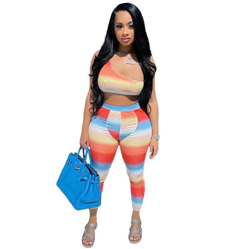 S-2XL Women Fashion Color Blocking One shoulder Crop Top And Pants Two Pieces Set
