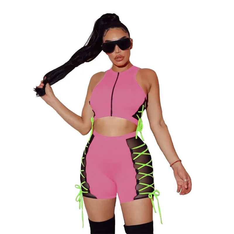 S-4XL Women Fashion Color Blocking Lace-up Tank Top And Shorts Two Pieces Set