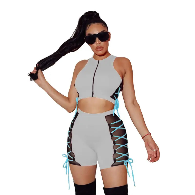 S-4XL Women Fashion Color Blocking Lace-up Tank Top And Shorts Two Pieces Set