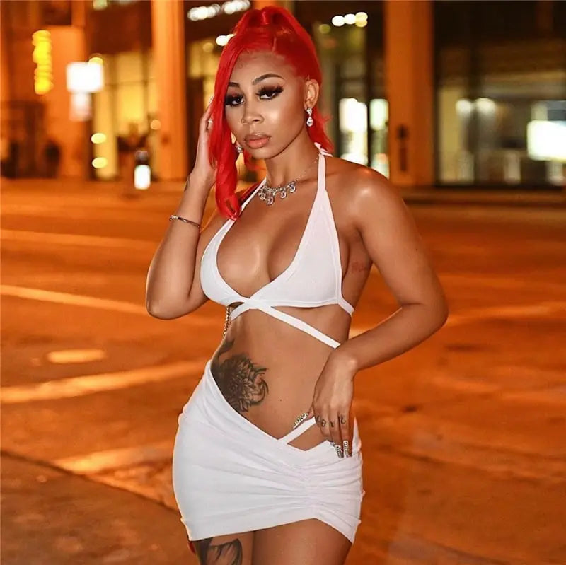 Women Sexy Solid Color Halter Neck Top And Crease Skirt Two Pieces Set