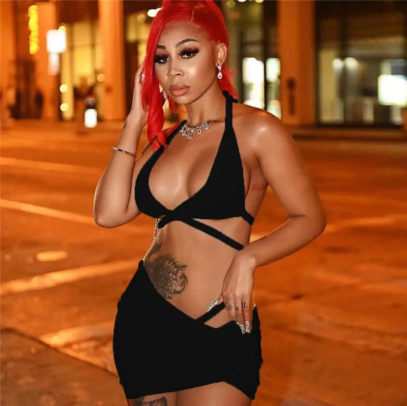 Women Sexy Solid Color Halter Neck Top And Crease Skirt Two Pieces Set