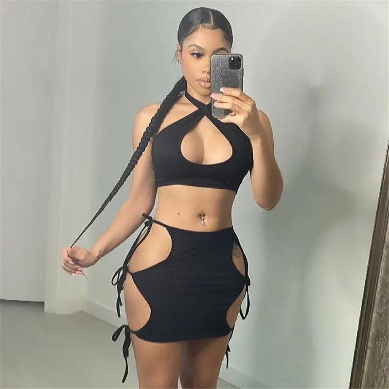 Women Sexy Solid Color Halter Neck Crop Top And Lace-up Skirt Two Pieces Set
