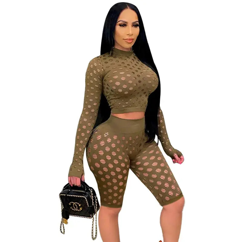 Women Fashion Cut Out Long Sleeve Top And Shorts Two Pieces Set
