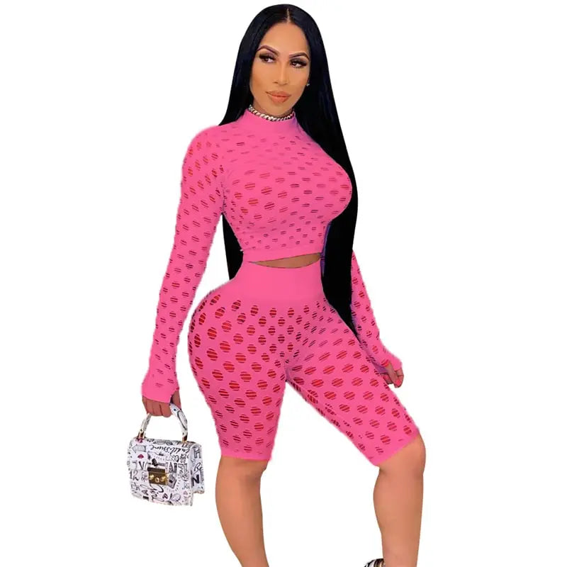 Women Fashion Cut Out Long Sleeve Top And Shorts Two Pieces Set
