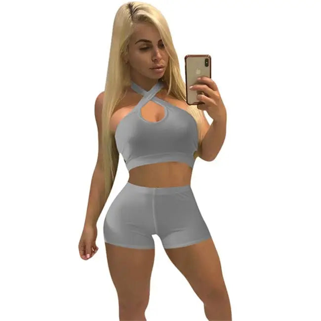 Women Fashion Solid Color Cut Out Top And Shorts Two Pieces Set