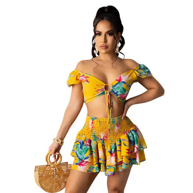 Women Sexy Off-shoulder Floral Top And Skirt Two-pieces Set