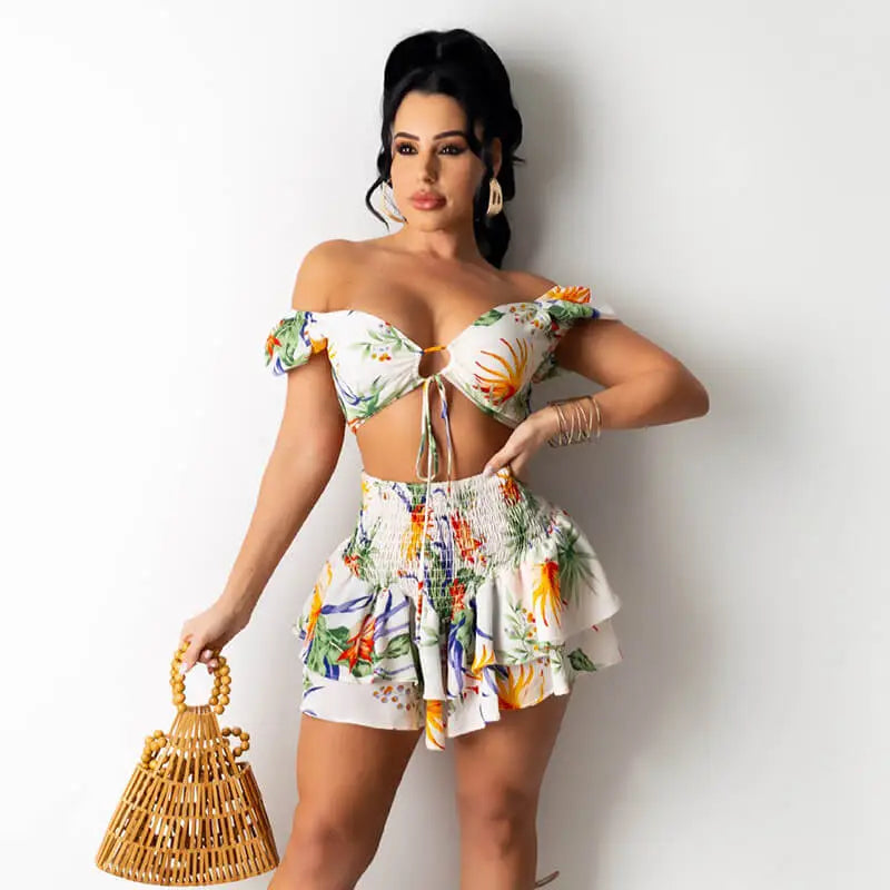 Women Sexy Off-shoulder Floral Top And Skirt Two-pieces Set