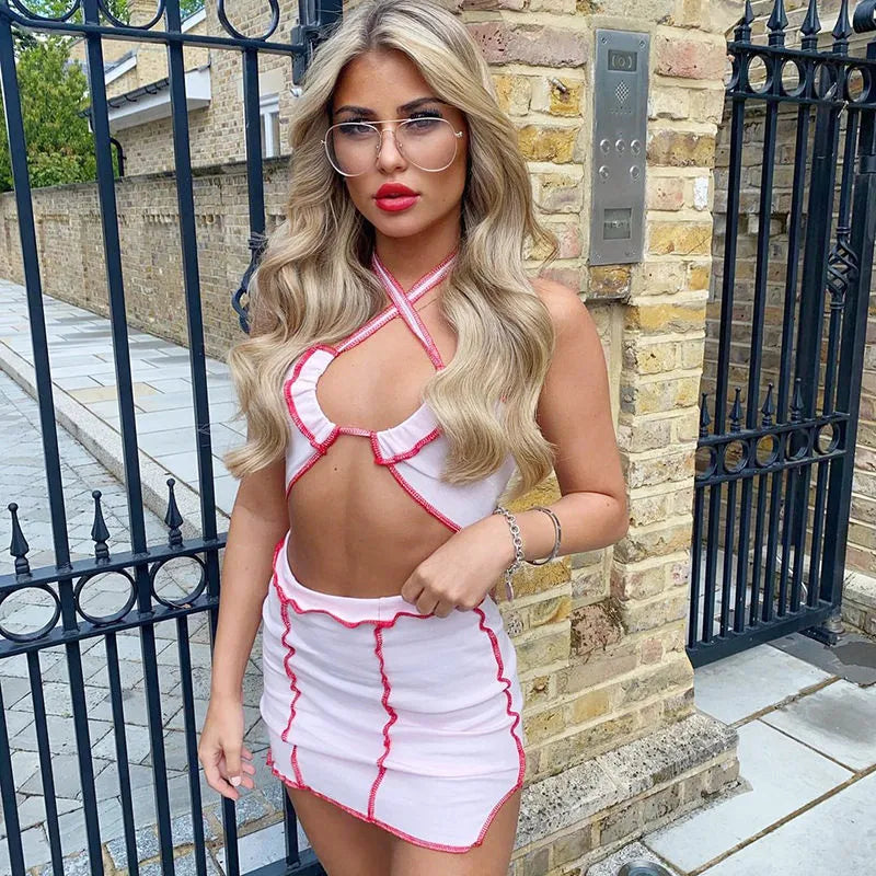 Women Fashion Color Blocking Cut Out Top And Skirt Two Pieces Set
