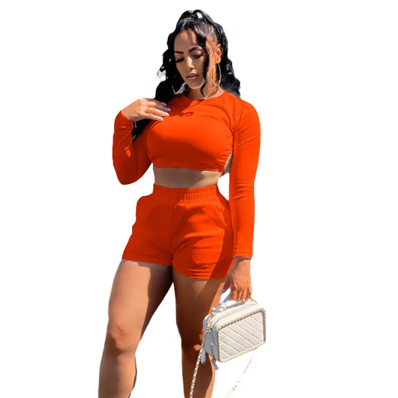 Women Fashion Solid Color Backless Top And Shorts Two Pieces Set