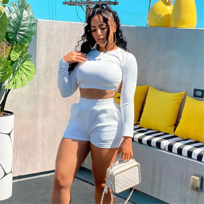 Women Fashion Solid Color Backless Top And Shorts Two Pieces Set