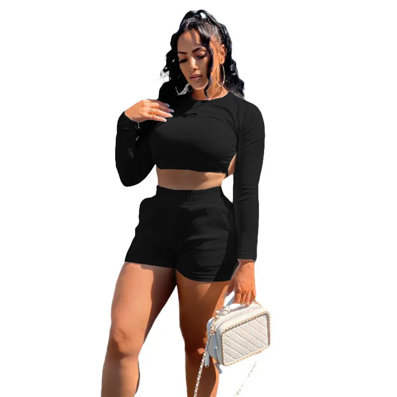 Women Fashion Solid Color Backless Top And Shorts Two Pieces Set