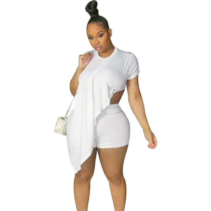 Women Fashion Plus Size Solid Color Irregular Hem Top And Shorts Two Pieces Set
