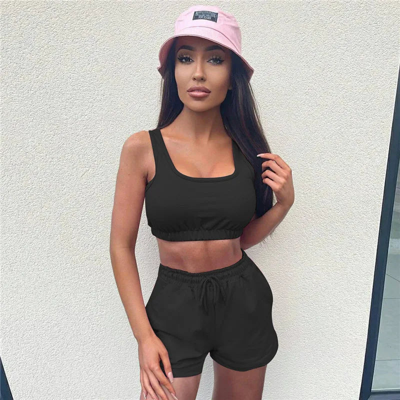 Women Fashion Solid Color Top And Drawstring Waist Shorts Two Pieces Set