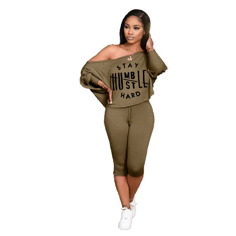 L-5XL Women Fashion Plus Size Letter Printing Top And Crop Pants Two Pieces Set