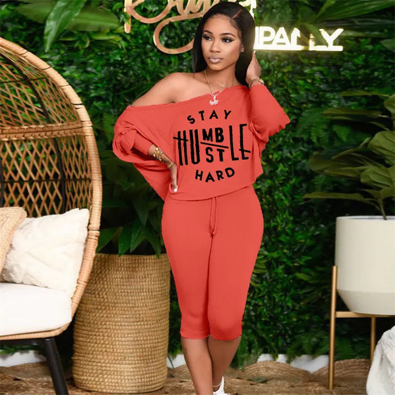 L-5XL Women Fashion Plus Size Letter Printing Top And Crop Pants Two Pieces Set