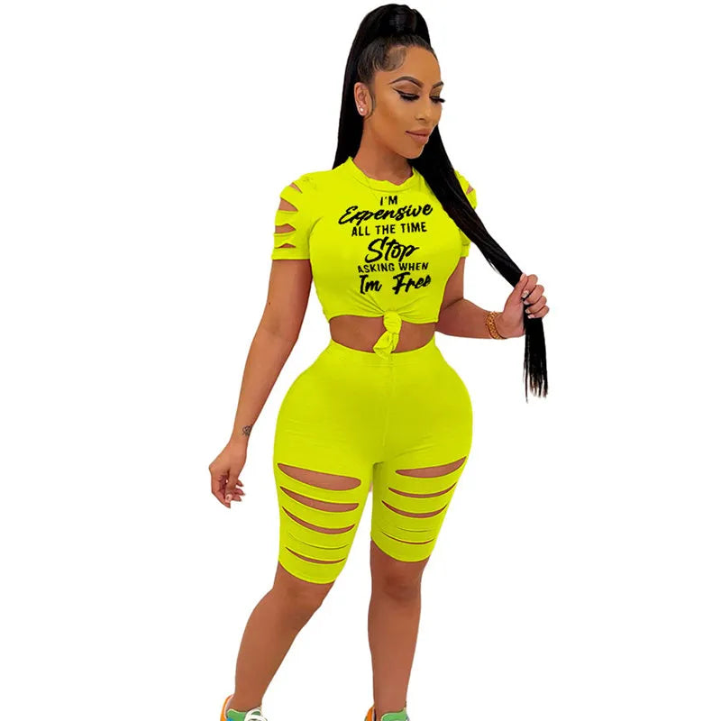 S-2XL Women Fashion Letter Printing Cut Out Top And Shorts Two Pieces Set