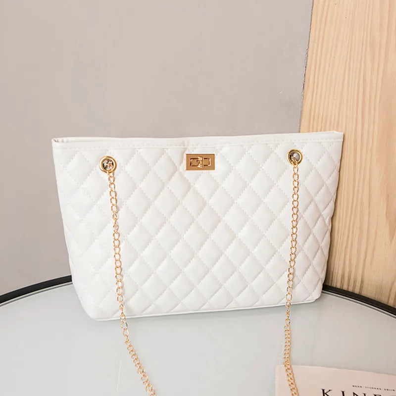 Women Fashion Metal Chain Rhombus Embroidery Thread Shoulder Bag