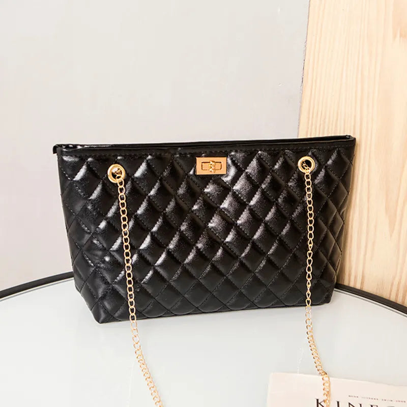 Women Fashion Metal Chain Rhombus Embroidery Thread Shoulder Bag