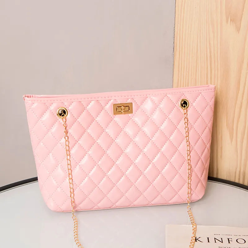 Women Fashion Metal Chain Rhombus Embroidery Thread Shoulder Bag