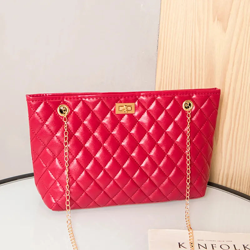 Women Fashion Metal Chain Rhombus Embroidery Thread Shoulder Bag