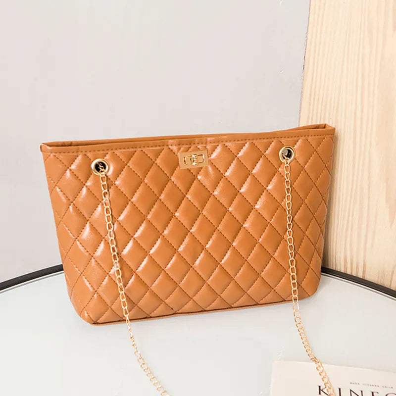 Women Fashion Metal Chain Rhombus Embroidery Thread Shoulder Bag