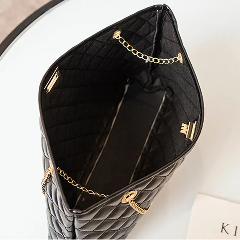Women Fashion Metal Chain Rhombus Embroidery Thread Shoulder Bag