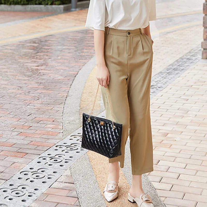 Women Fashion Metal Chain Rhombus Embroidery Thread Shoulder Bag