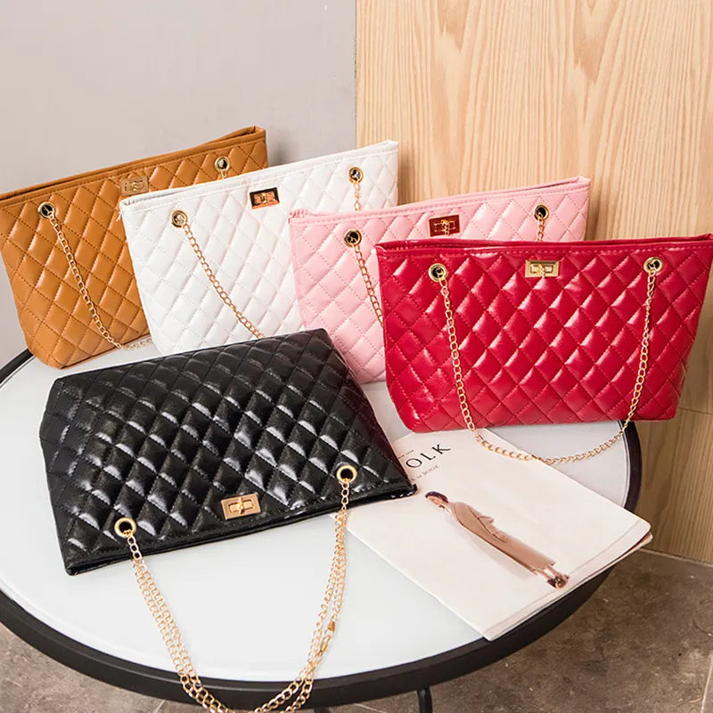 Women Fashion Metal Chain Rhombus Embroidery Thread Shoulder Bag