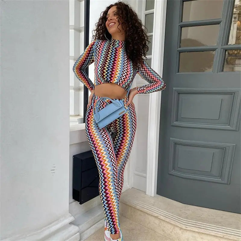 S-L Women Fashion Graphic Printed Top And Pants Two Pieces Set