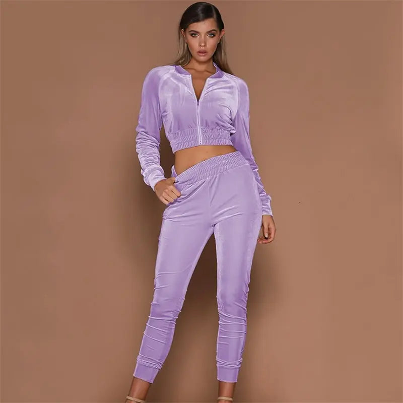 S-3XL Women Fashion Zipper Design Top And Pants Two Piece Set