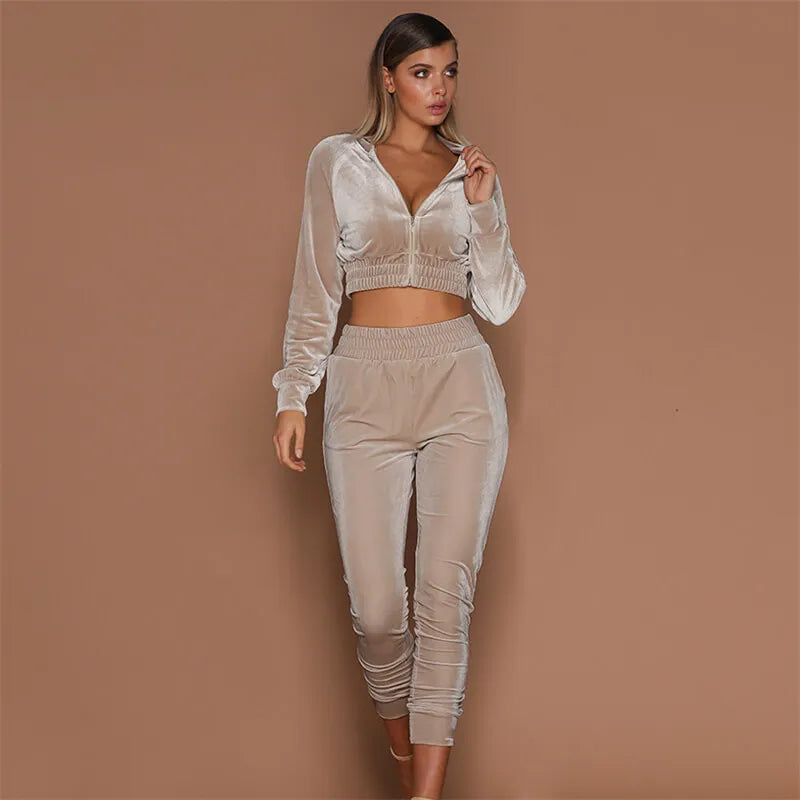 S-3XL Women Fashion Zipper Design Top And Pants Two Piece Set
