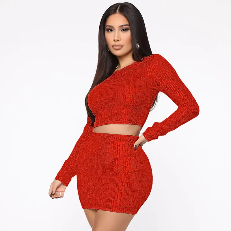 Women Solid Color Sequined Round Neck Long Sleeve Top And Skirt Fashion Two-Piece Set