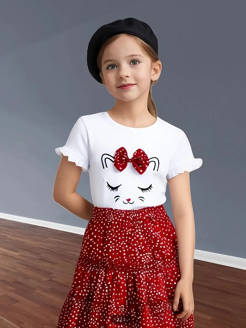 Graphic Tee with Red Polka Dot Skirt