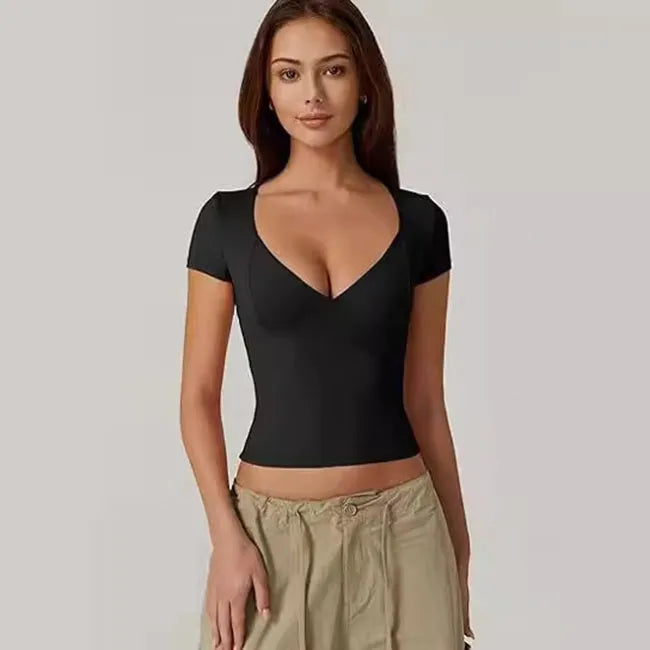 Women Casual Solid Color Deep V Short Sleeve Crop