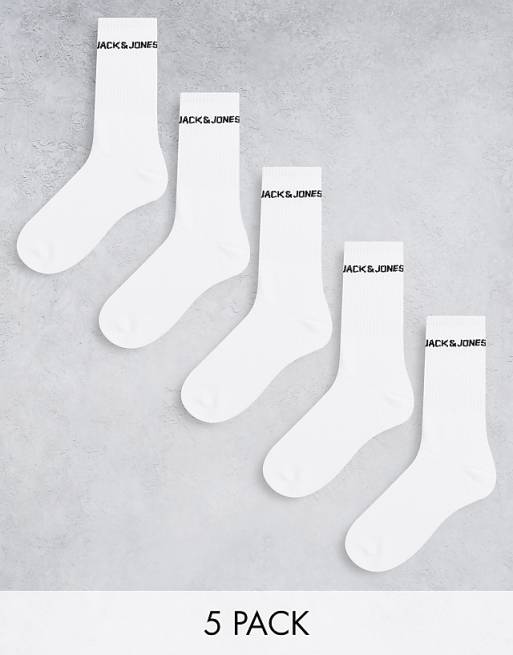 Men Jack & Jones 5 pack logo sports socks in white