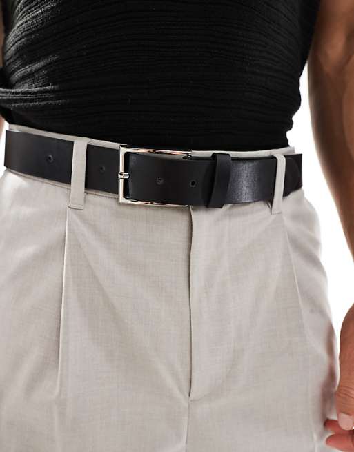 Asos Design Smart Faux Leather Belt With Silver Buckle In Black