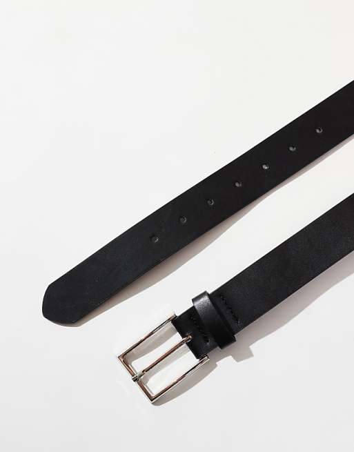 Asos Design Smart Faux Leather Belt With Silver Buckle In Black