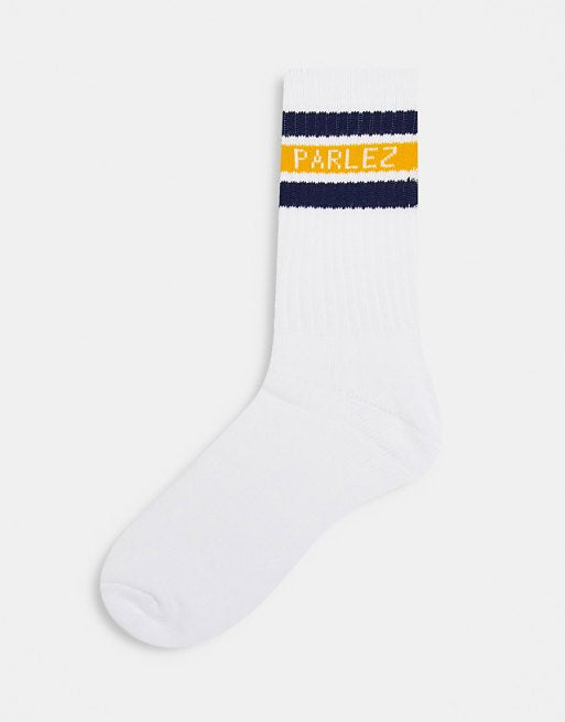 Men Parlez block socks with teal and beige detail in white