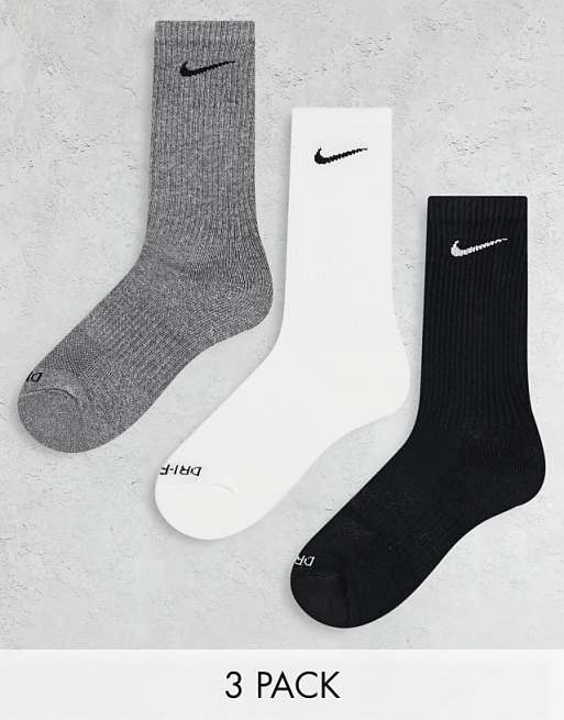 Men Nike Training Everyday Plus Cushioned 3 pack crew socks in white, gray and black