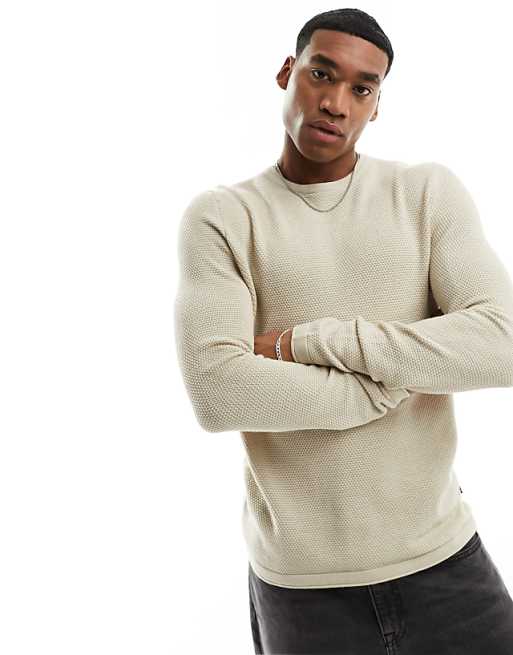 Only & Sons Crew Neck Textured Knit Sweater In Beige