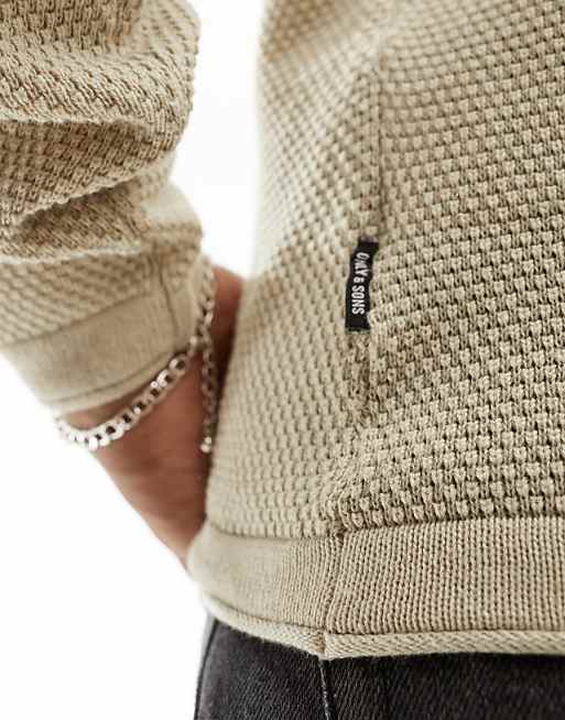 Only & Sons Crew Neck Textured Knit Sweater In Beige